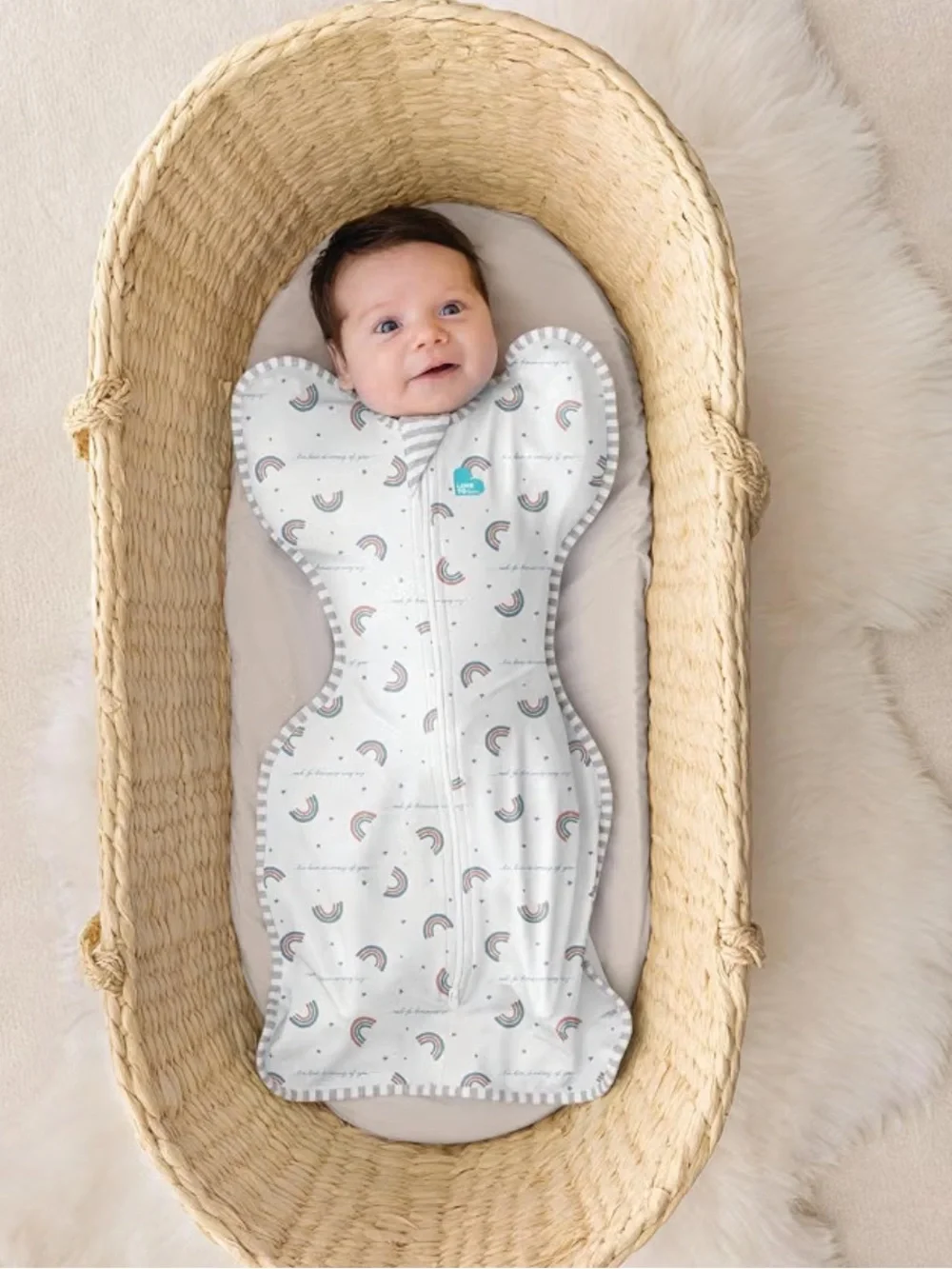 Love to Dream Baby Swaddle Sack in White with Rainbow Print